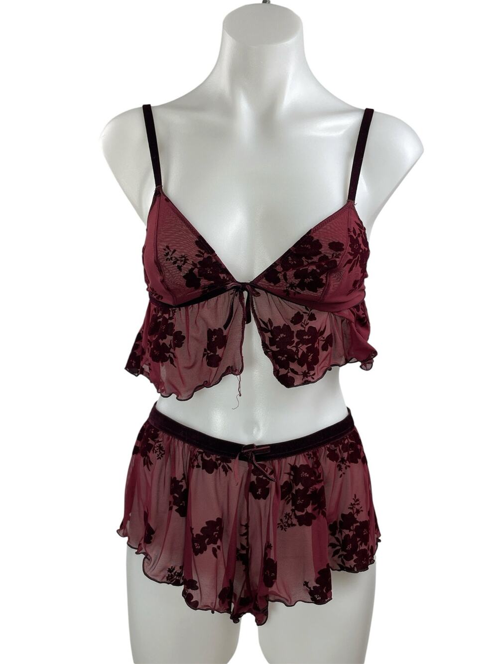 Auden Flocked Womens Red Black Floral Mesh Bralette & Mini Short Lingerie Sets S